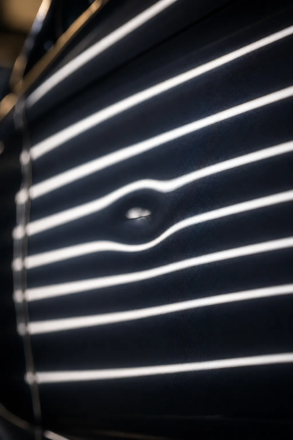 Close-up of an unrepaired dent with distorted LED reflection lines