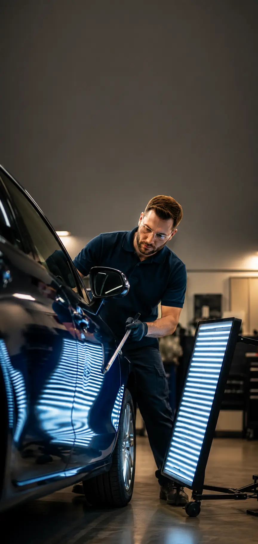 American Dent Removal technician using an LED reflection light while repairing a vehicle panel