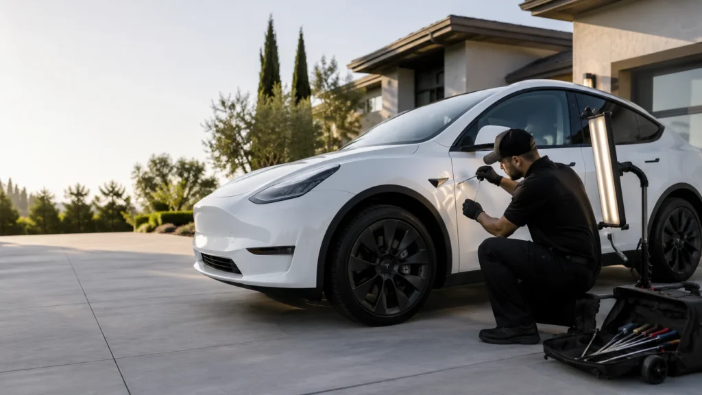 Professional technician performing paintless dent removal (PDR) on a white Tesla Model Y in a California residential driveway using specialized dent repair tools.