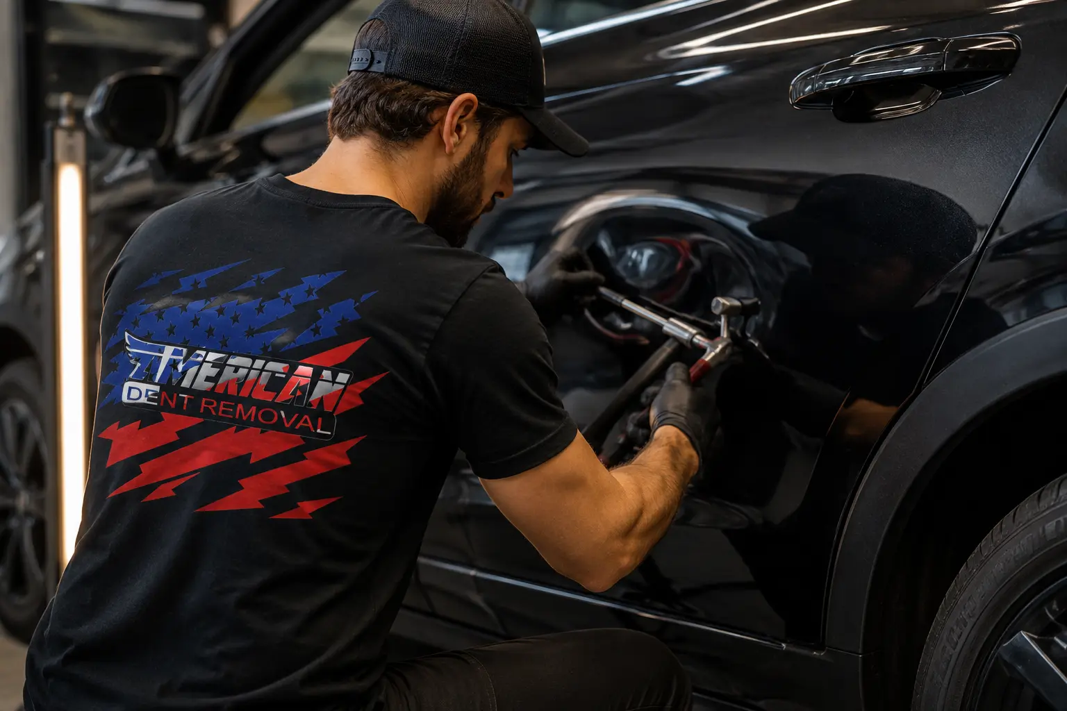 American Dent Removal technician performing paintless dent removal on a vehicle