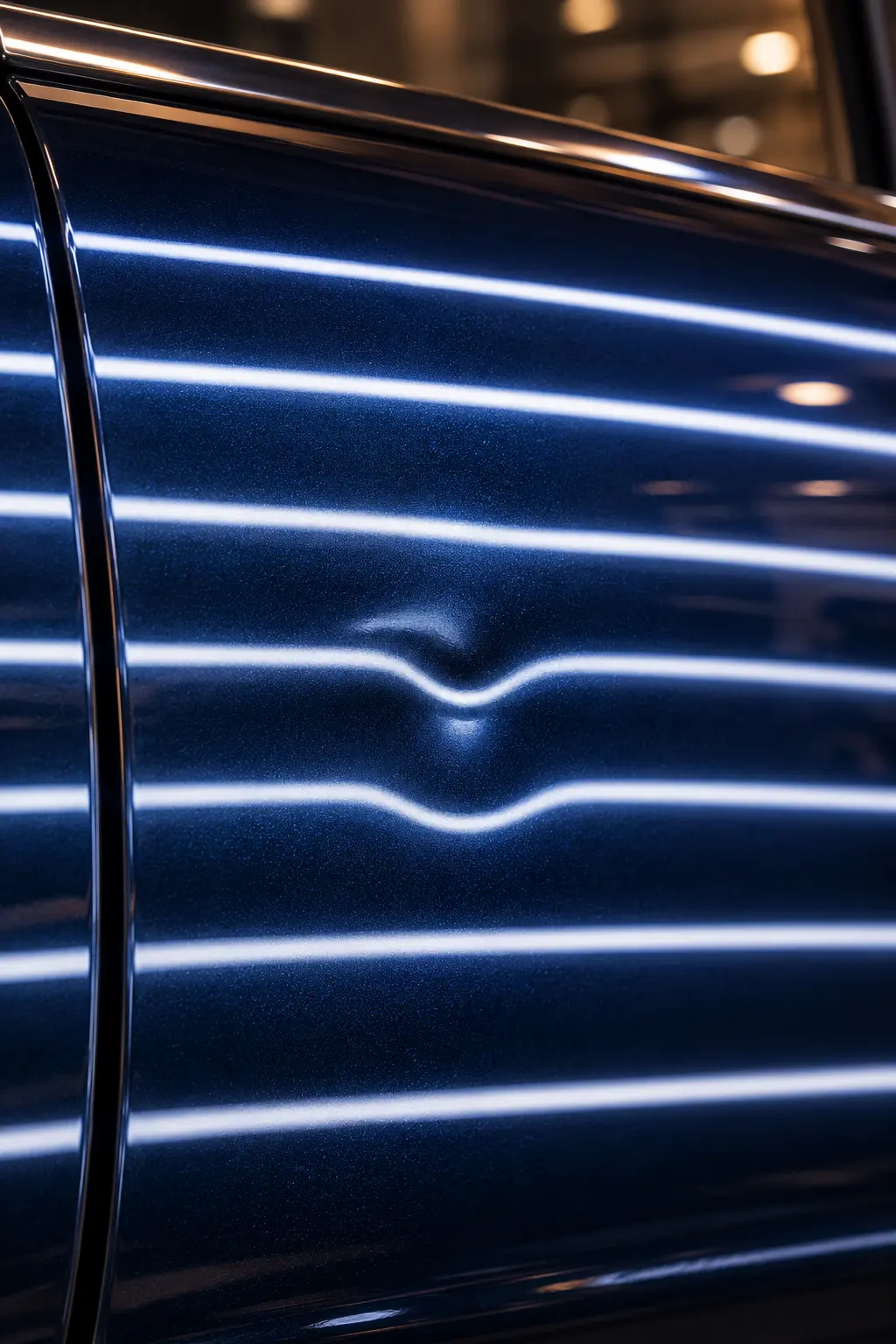 Reflection board lines distorted over a dent before paintless dent repair