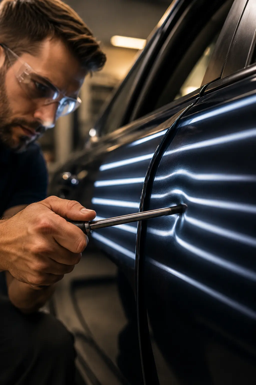 Technician controlling a PDR rod while reading LED reflection lines